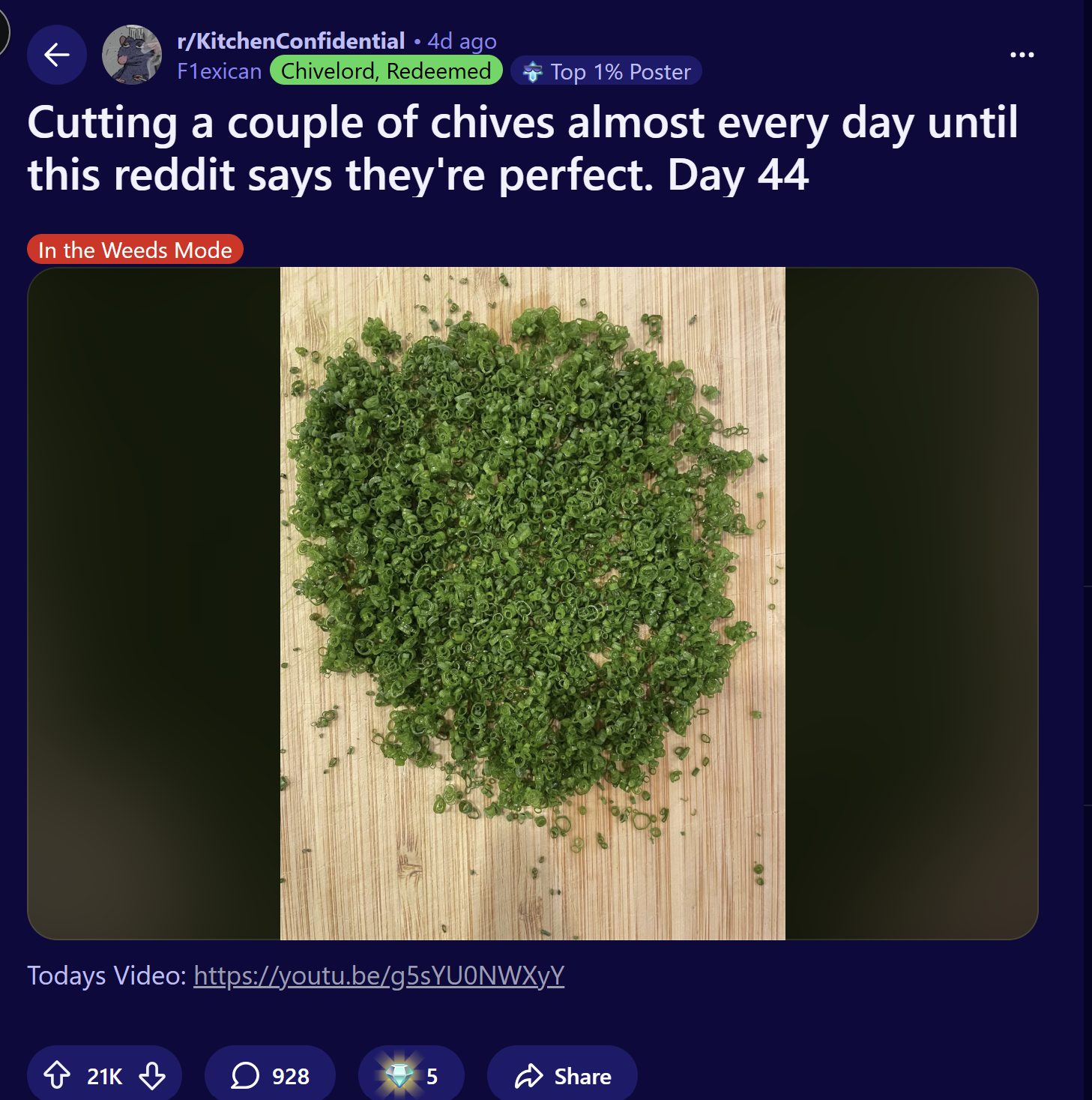 Reddit post with a picture of chopped chives that says "Cutting a couple of chives almost every day until this reddit says they're perfect. Day 44"