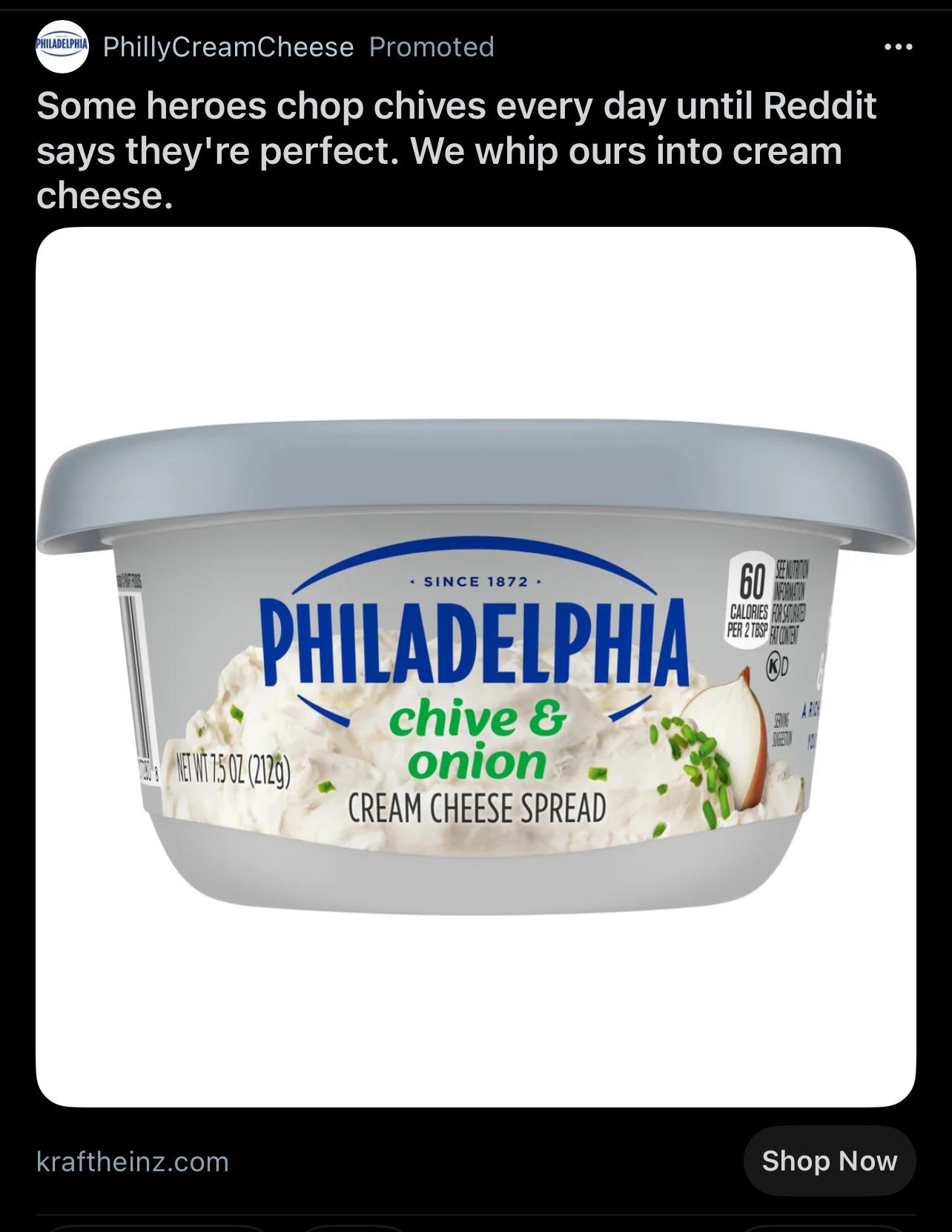 Advertisement for Philadelphia brand chive & onion cream cheese that references Chive Guy"